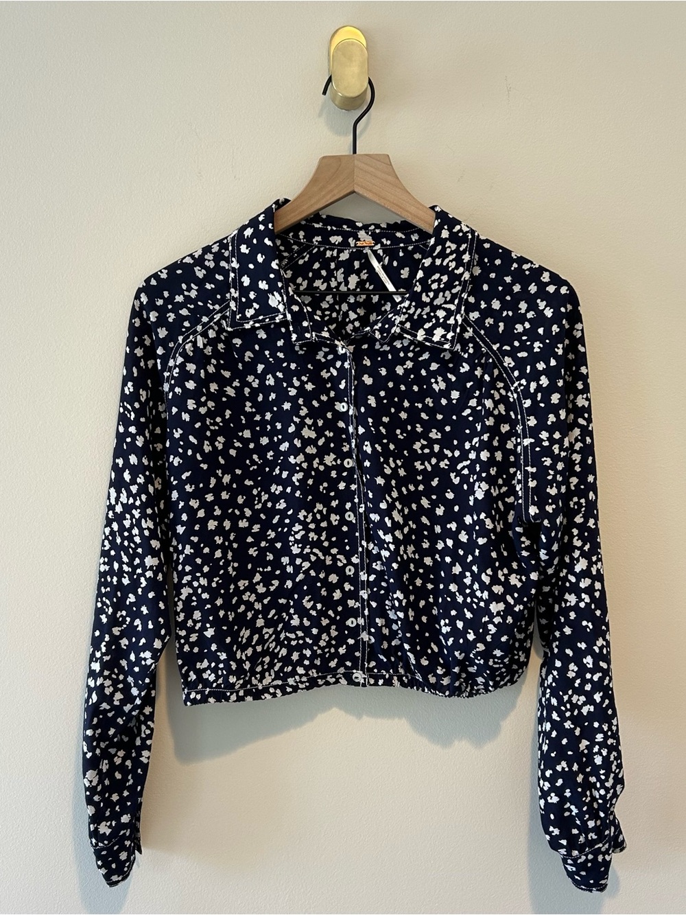 Free People Navy Blue Cropped Printed Blouse